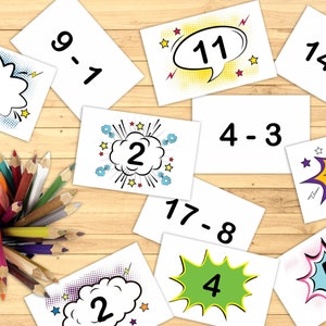 Aftrekken Flash-kaarten, Math Printable Flash Cards, Printable Subtracction 1 tot 20 Flash Cards, 1st en 2nd Grade Math, DIY Flash Cards