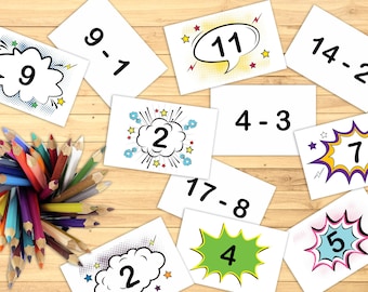 Subtraction Flash Cards, Math Printable Flash Cards, Printable Subtraction 1 to 20 Flash Cards, 1st and 2nd Grade Math, DIY Flash Cards