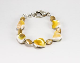 Vintage artisan mother of pearl square link bracelet in sterling with heart lock no hallmark circa 1950\u2019s