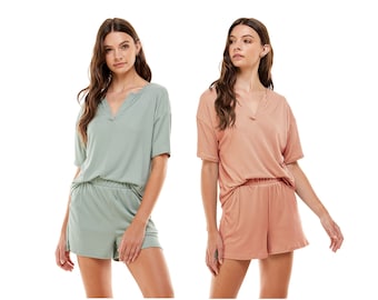 Knit Pajama Sets. Women's Ribbed Knit  Short Sleeve Top and Shorts 2 Pieces Loungewear Sweatsuit Outfits with Pockets