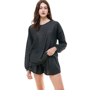Sweatsuit Lounge Set, 2 piece Long Sleeve and Pant Set, Soft Sleepwear Solid Black Top Bottom Set, 2 pc Set, Plus Oversized Size