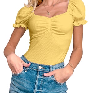 Puff Short Sleeve Square Neck Ribbed Top - Cute T Shirt Blouse - S~3XL = Casual, Tops for Women, ballet core, puff sleeve Mustard
