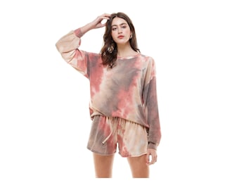 Women's Casual Tie dye Color Knit Pullover Tops and Short Pants Pajama Outfits Sets with Pocket Made in USA