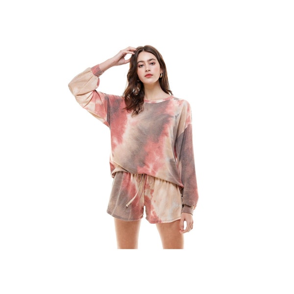 Women's Casual Tie dye Color Knit Pullover Tops and Short Pants Pajama Outfits Sets with Pocket Made in USA