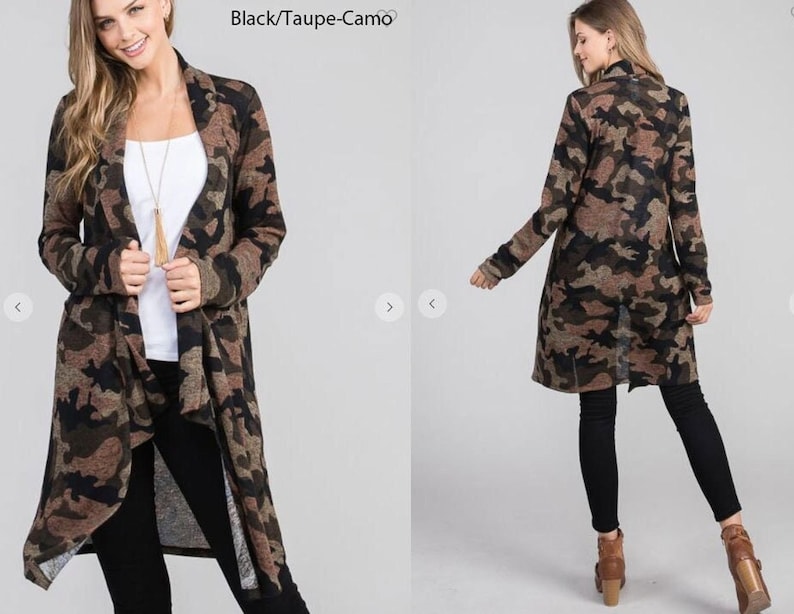 Front and back views of a blonde model wearing a brown and taupe camouflage long cardigan over a white shirt and black pants, labeled black taupe camo.