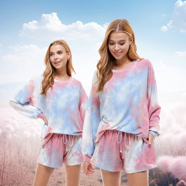 Women's Casual Tie dye Color Knit Pullover Tops and Short Pants Pajama Outfits Sets with Pocket Made in USA