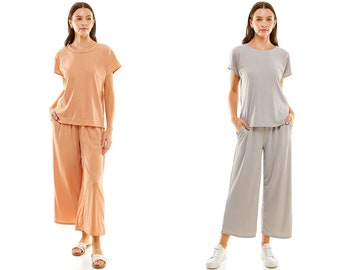 5 COLORS / 2pc Set Loungewear Green, Grey, Peach, Black, Lilac Short Sleeve Casual Wear Top Bottom Pajama Set