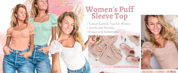 Puff Short Sleeve Square Neck Ribbed Top - Cute T Shirt Blouse - S~3XL = Casual, Tops for Women, ballet core, puff sleeve