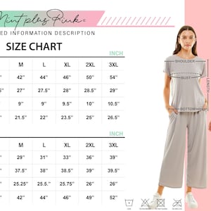 May include: Size chart for a two-piece outfit, including a short-sleeved top and wide-leg trousers. The chart shows measurements in inches for sizes S through 3XL for bust, length, shoulder, bottom, waist, inseam, and hip.