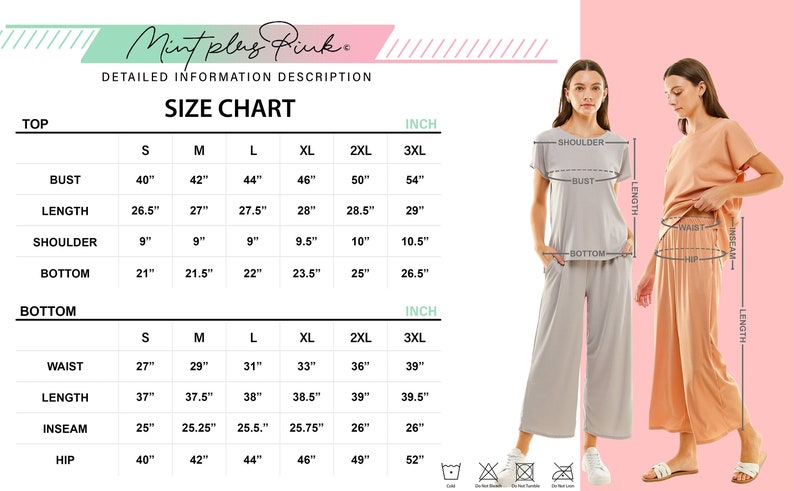 May include: Size chart for a two-piece outfit, including a short-sleeved top and wide-leg trousers. The chart shows measurements in inches for sizes S through 3XL for bust, length, shoulder, bottom, waist, inseam, and hip.