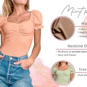 Puff Short Sleeve Square Neck Ribbed Top - Cute T Shirt Blouse - S~3XL = Casual, Tops for Women, ballet core, puff sleeve Pink