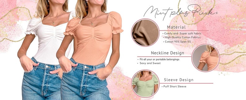 Puff Short Sleeve Square Neck Ribbed Top - Cute T Shirt Blouse - S~3XL = Casual, Tops for Women, ballet core, puff sleeve Pink