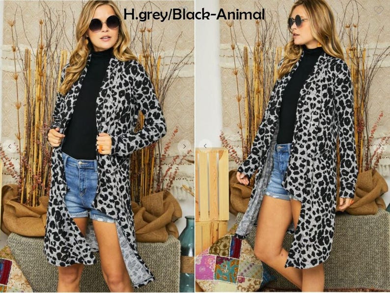Two views of a blonde model in a heather grey and black animal print cardigan, black shirt, and denim shorts, labeled h grey black animal.