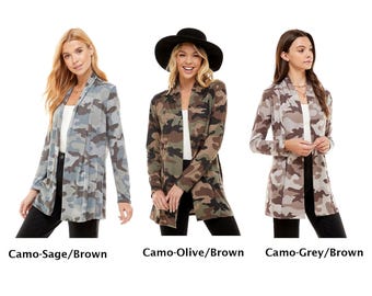 Camouflage Kimono Cardigans, Lightweight Long Sleeve Open Front Layering Wear