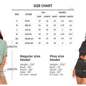 May include: Size chart for a women's two-piece outfit, including a short-sleeved top and shorts. The chart shows measurements in inches for bust, length, waist, inseam, and length for sizes S to 3XL. The chart also includes measurements for a plus size model.