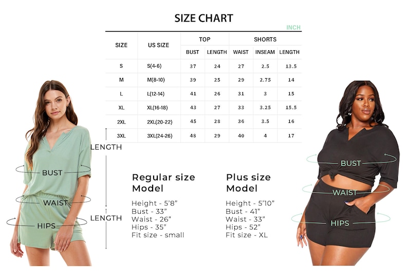 May include: Size chart for a women's two-piece outfit, including a short-sleeved top and shorts. The chart shows measurements in inches for bust, length, waist, inseam, and length for sizes S to 3XL. The chart also includes measurements for a plus size model.
