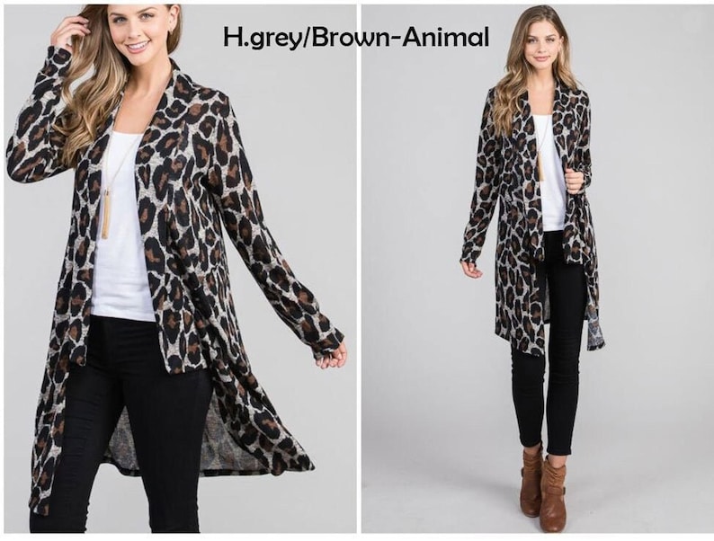 Front and full-body views of a blonde model wearing a grey animal print cardigan over a white top and black pants, labeled h grey brown animal.
