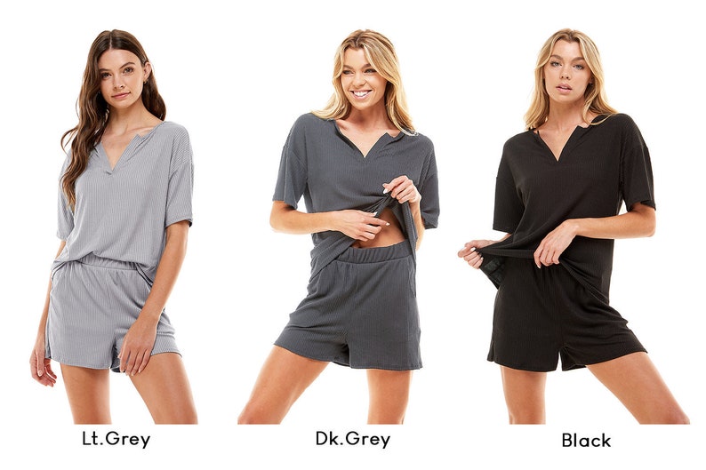Women's Ribbed Knit Pajama Sets Short Sleeve Top and Shorts 2 Pieces Loungewear Sweatsuit Outfits with Pockets image 7