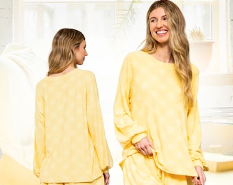 Cozy Sweat Lounge Set, 2 piece Long Sleeve and Pant Set, Soft Sleepwear Star Knit Yellow Top Bottom Set, 2 pc Set, Plus Oversized Size