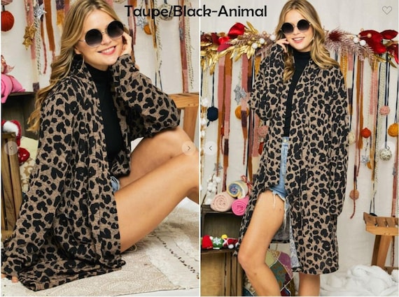 Open Front Cardigan, Taupe Black Animal Print Long Sleeve Polyester Spandex