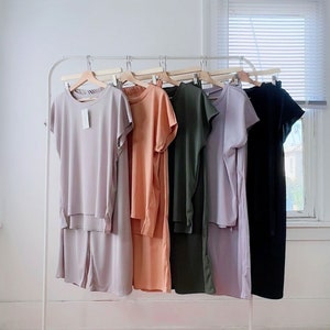 Loungewear set 5 COLORS / 2pc Green, Grey, Peach, Black, Lilac Short Sleeve Casual Wear Top Bottom Pajama Set