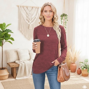 Long Sleeve Tunic, Cotton Blend Crewneck with Open Side Slits