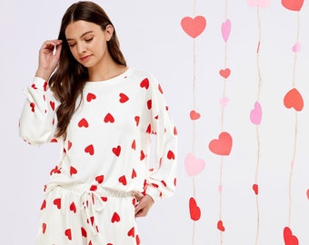 White and Red Heart Print pj Set, Weekend Romance Loungewear, Valentine's Day Sweetheart print pj for Spring, Cozy Sleepwear for women