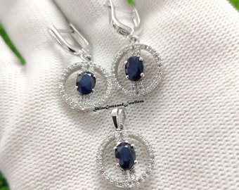 Blue Sapphire Pendant & Earrings Set: Sterling Silver Wedding Jewelry