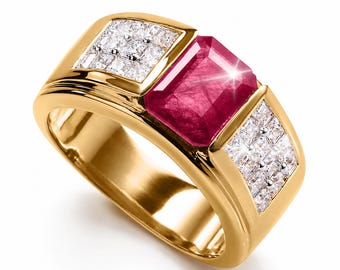Emerald Cut Red Ruby Ring, Sterling Silver Bezel Setting, July Birthstone