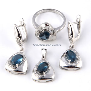 London Blue Topaz Jewelry Set - Handmade Silver Necklace , Earrings, Pendent Personalized Gift for Her, Elegant Unique Jewelry