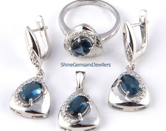 Handmade London Blue Topaz Sterling Silver Jewelry Set – Necklace, Earrings, Pendant, Matching Jewelry