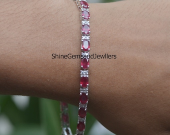 Natural Ruby Silver Tennis Bracelet, July Birthstone Jewelry, Halloween and Christmas Gift For Her