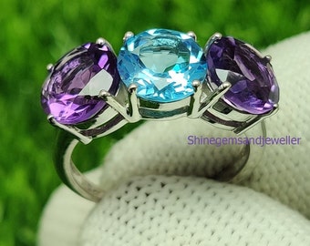 NOVICA Handmade Sterling Silver Cocktail Ring With Amethyst & Blue Topaz | 'Seminyak Blossoms' Floral Birthstone Ring