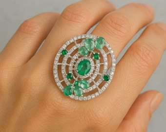 Emerald Statement Ring | Sterling Silver, Cubic Zirconia Cocktail Ring