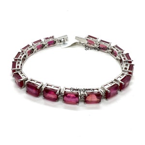 Emerald Cut Natural Ruby Bracelet, 925 Sterling Silver, Red Gemstone Jewelry Gift for Her, Ruby Bracelet