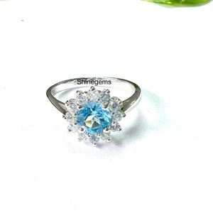 Fine Quality-Natural Blue Topaz Ring-925 Sterling Silver-Jewelry Handmade-Round Blue Topaz Cluster Ring-Engagement Ring-Wadding Gift Ring