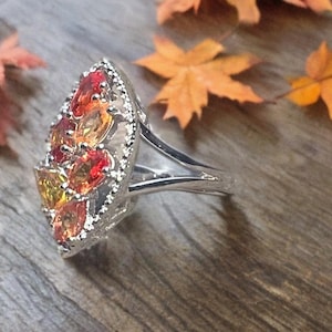 Orange Sapphire Silver Engagement Ring - Unique Multi Gemstone Jewelry for Women, Customizable Gift for Her