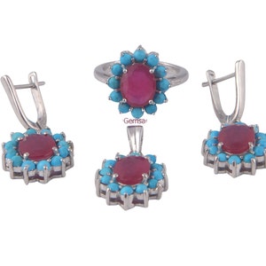 Ruby & Turquoise Sterling Silver Jewelry Set: Ring, Earrings, Pendant