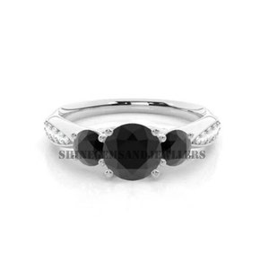 Three Stone Black Moissanite Ring-Round Cut Moissanite Engagement Ring-925 Sterling Silver-Hidden Halo Black Moissanite Ring for Girlfriend