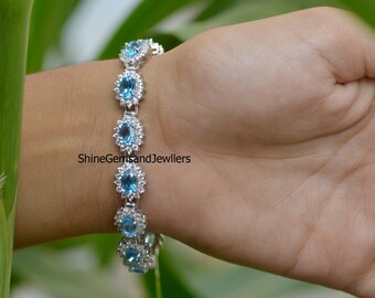 Natural Blue Topaz Bracelet - 925 Sterling Silver, December Birthstone Gift for Her, Women’s Wedding Jewelry, Elegant Accessory