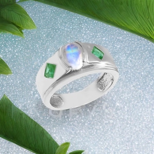 Moonstone & Emerald Square Sterling Silver Ring for Men – Three Stone Statement Ring, Engagement Ring for Him