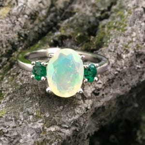 Opal & Smaragd Sterling Silber Ring - Handgemachter Oktober Geburtsstein