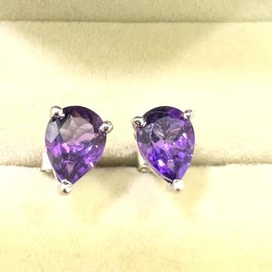 Pear Shape Amethyst Silver Studs | February Birthstone Jewelry for Women | Purple Amethyst Earrings