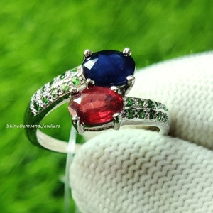 Genuine Sapphire & Ruby Ring, Tsavorite Ring, Oval Sapphire Ring, Engagement Ring, Multi Stone Ring, 925 Sterling Silver
