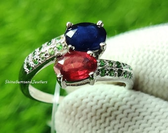 Sapphire Ruby Ring, Tsavorite, 925 Sterling Silver, Multi Stone