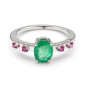 Natural Emerald Ring, Accent with Ruby Sterling Silver,  May Birthstone Jewelry