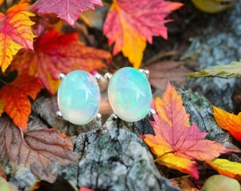 Real Opal Sterling Silver Stud Earrings, Dainty Gemstone Jewelry