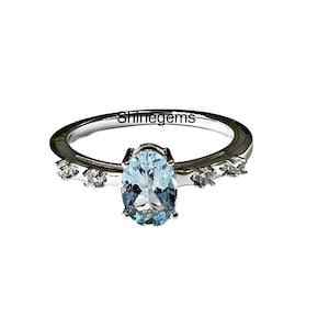 Santamaria Aquamarine Engagement Ring-Oval Cut Aquamarine Solitaire Ring-Aquamarine Halo Ring-Aquamarine Vintage Ring-925 Sterling Silver