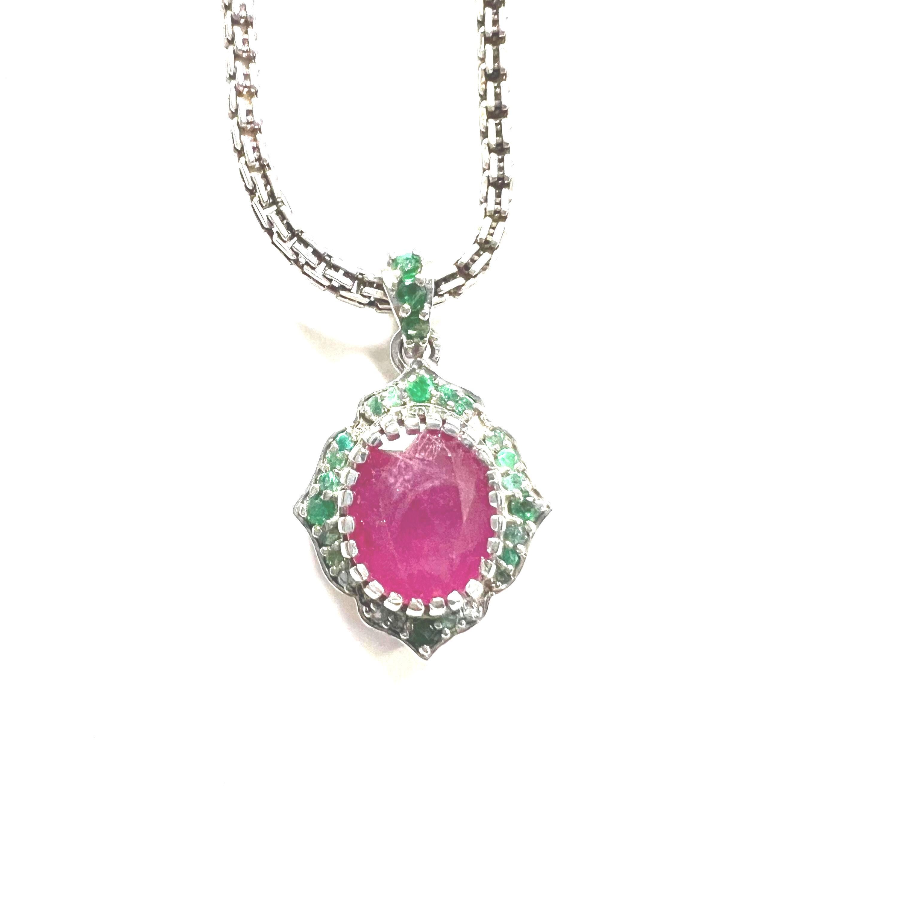 Art Deco Ruby & Emerald Pendant: 925 Sterling Silver Birthstone Necklace