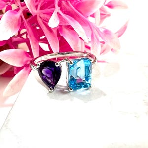 Blue Topaz & Amethyst Sterling Silver Ring: Handmade Gemstone Jewelry